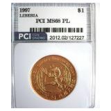1997 Panda Dollar PCI MS68 PL Liberia Rare