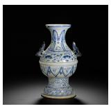 EARLY MING DYNASTY BLUE AND WHITE DOUBLE-EARED...