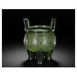 QING DYNASTY HETIAN GREEN JADE RELIEF WITH TWO...