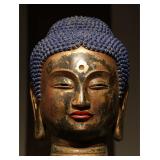 FINELY CAST PURPLE COPPER BODY GILDED BUDDHA...