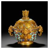 BRONZE GILDED ENAMEL INLAID THREE ELEPHANT EAR...
