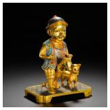 QING DYNASTY GILDED COPPER CLOISONNE ENAMEL BOY...