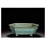 A HEXAGONAL NARCISSUS BASIN WITH CELADON GLAZE...