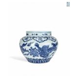 MING XUANDE BLUE AND WHITE LION ROLLING...