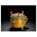 A GILDED COPPER CASKET WITH JADE INLAID IN A...