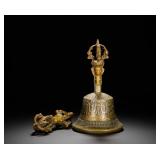 A SET OF TIBETAN BRONZE VAJRA BELLS AND VAJRAS...