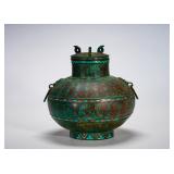 BRONZE POT WITH GOLD INSCRIPTIONS AND TURQUOISE...