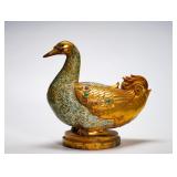 BRONZE VASE WITH GILDED TURQUOISE INLAID DUCK...