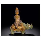 HAN DYNASTY GREEN JADE INLAID WITH GOLD AND...