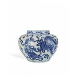 BLUE AND WHITE DOUBLE LION PLAYING BALL PATTERN...