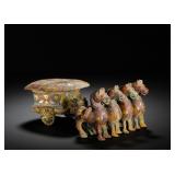 BRONZE WITH GOLD INLAID FOUR-HORSE CHARIOT...