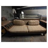 Wood Frame Settee with Geometric Pattern Fabric Up