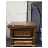 Ornate Dark Wood Two-Drawer Chest with Floor Lamp
