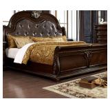 Ornate Dark Brown Wood & Tufted Upholstered Bed Fr