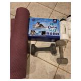 Matt, weights, calf stretch board