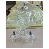 Crystal egg shaped dish & salt and pepper shakers