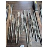 assortment of hand tools, files, augers, & bits