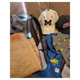 Hats, levis, belt, bag