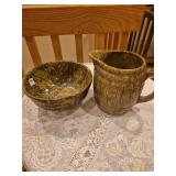 Antique tall spongeware pitcher and bowl