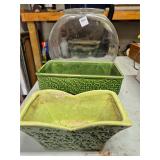 Pottery planters & glass bowl
