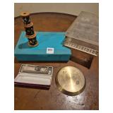 Hohner harmonica, lucite piano jewelry box, misc