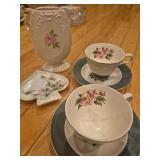 Vintage tea cups, vase, dish