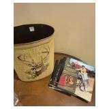 Wastebasket, pocket french dictionary, notebooks