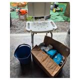 shower chair, face mask, bucket