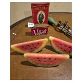 onyx stone watermelon, tins, egg beater