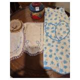 Vintage apron, doiles, music box - works