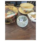 Ceramic bowls, storage tin, candle holder