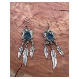 Native Silver Blue Lapis Feather Dangle Earrings