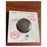 1867 Shield Nickel w/o Rays