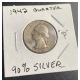 90% Silver 1942 Washington 25 Cent Piece
