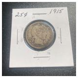 90% silver 1915 Barber 25 Cent Piece