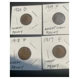1917 1918 1919 1920d Lincoln Wheat Cents