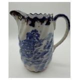 Blue & White Porcelain Pitcher Asian Pagoda Scene