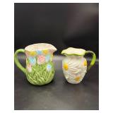 Vintage Floral Ceramic Pitcher Pair Tulips Daisies