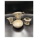 Vintage Pewter Creamer Sugar Bowl & Bowl Lot