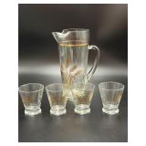 Vintage Wheat Motif Glass Pitcher & 4 Tumblers Set