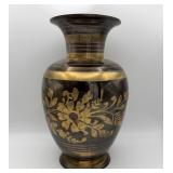 Vintage Etched Brass Vase Black Gold 8.75'