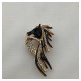 Vintage Black Enamel & Rhinestones Horse Brooch