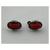 Vintage Navajo Red Coral & 925 Screw Back Earrings