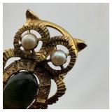 Vintage Gold-tone & Green Cabochon Owl Brooch