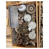 Wood Box w/Casters, Bearing & Pulleys & Misc.