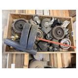 Wood Box w/Wheels, Casters & Misc.