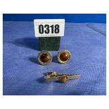 Cuff Links & Tie Clasp Set, Brown Settings