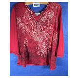 Red & Gold Print Top w/Sequin Accent, 3/4...