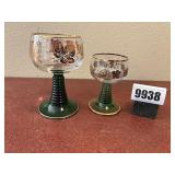 2 Gold Rim Green Base Wine Glasses, 5.5' & 4.25'T