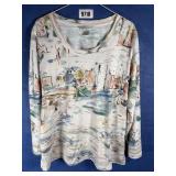 XL 3/4 Sleeve Top, Multi Color, Houses Along...
